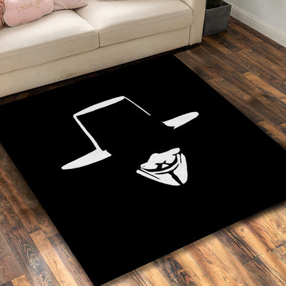 V for Vendetta Mask Rug, Guy Fawkes Carpet, Movie Room Mat, Black Mask Logo Rug, Movie Gift