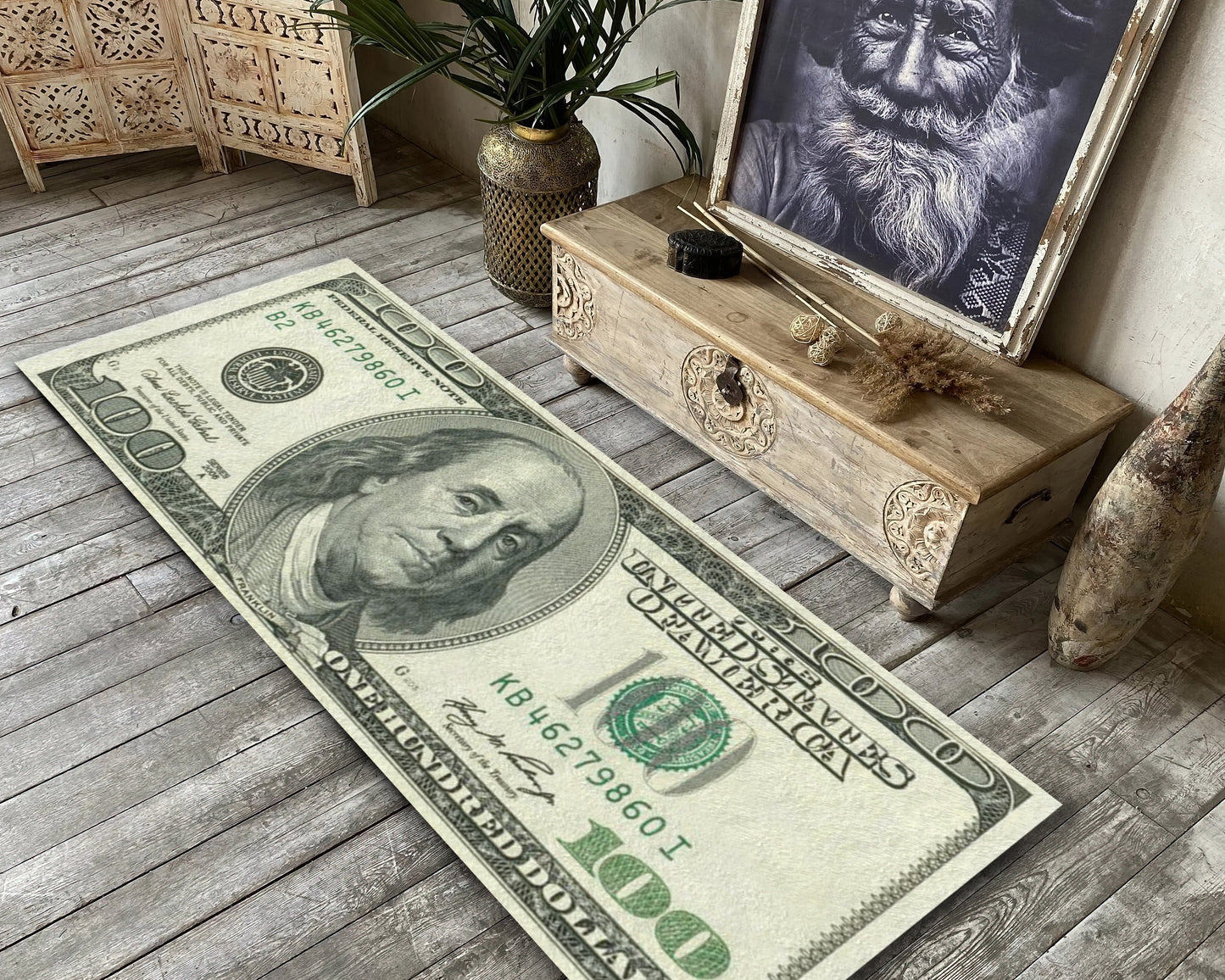 100 Dollar Bill Rug, Vintage Money Runner Mat, Benjamin Franklin Carpet, Luxury Money Design Mat