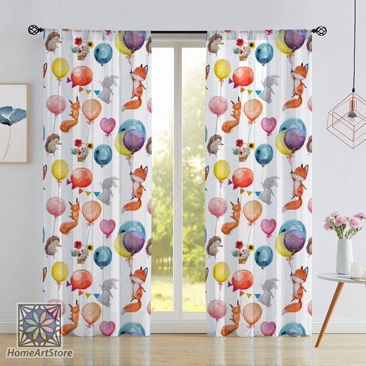 Watercolor Forest Animal Curtain, Balloon Themed Curtain, Baby Fox, Rabbit, Hedgehog Curtain, Cute Nursery Decor