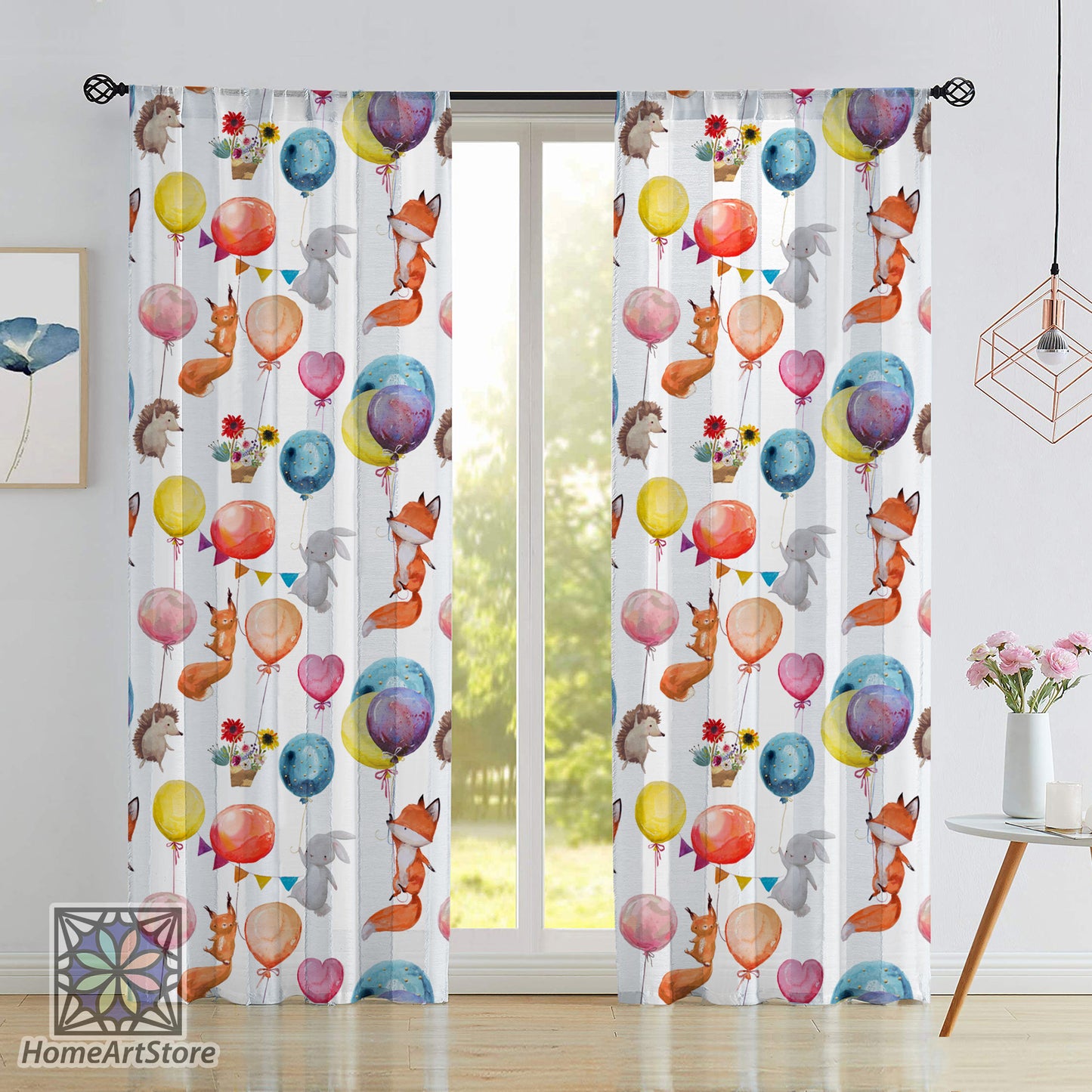 Watercolor Forest Animal Curtain, Balloon Themed Curtain, Baby Fox, Rabbit, Hedgehog Curtain, Cute Nursery Decor