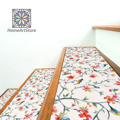 Watercolor Floral Pattern Stair Rugs, Bird Themed Stair Tread Rugs, Non-Slip Backing Step Mat, Bohemian Home Decor