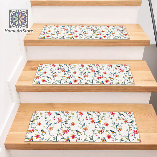 Watercolor Floral Pattern Stair Rugs, Bird Themed Stair Tread Rugs, Non-Slip Backing Step Mat, Bohemian Home Decor