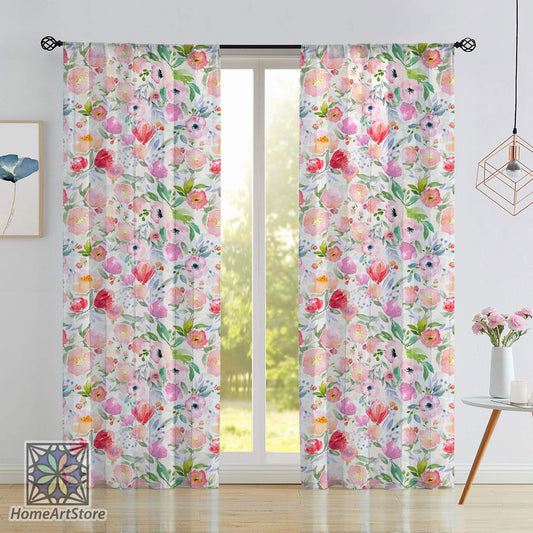 Colorful Watercolor Flower Curtain, Floral Pattern Kitchen Curtain, Bedroom Curtain, Boho Home Decor