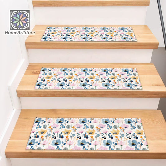 Watercolor Flower Pattern Stair Rugs, Floral Stair Tread Carpet, Colorful Flower Step Mats, Bohemian Decor