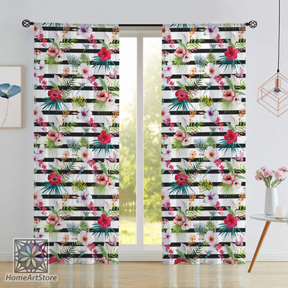 Tropical Floral Themed Curtain, Flower Pattern Curtain, Striped Living Room Curtain, Botanical Decor