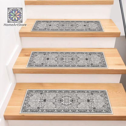 Scandinavian Stair Rugs, White and Black Boho Style Stair Mats, Cool Stair Tread Carpet, Nonslip Backing Modern Step Rugs