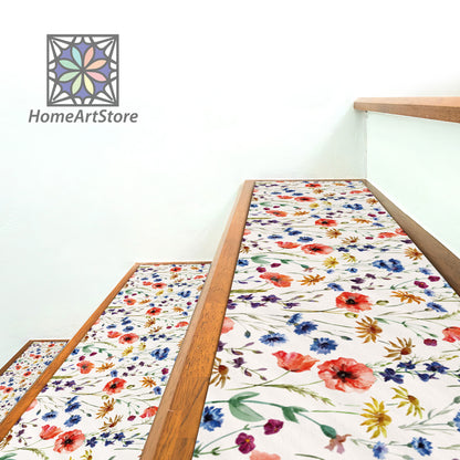Wildflowers Pattern Stair Rugs, Boho Stair Tread Carpet, Non-Slip Backing Mat, Machine Washable Floral Step Rugs, Flower Pattern Stair Step Mat