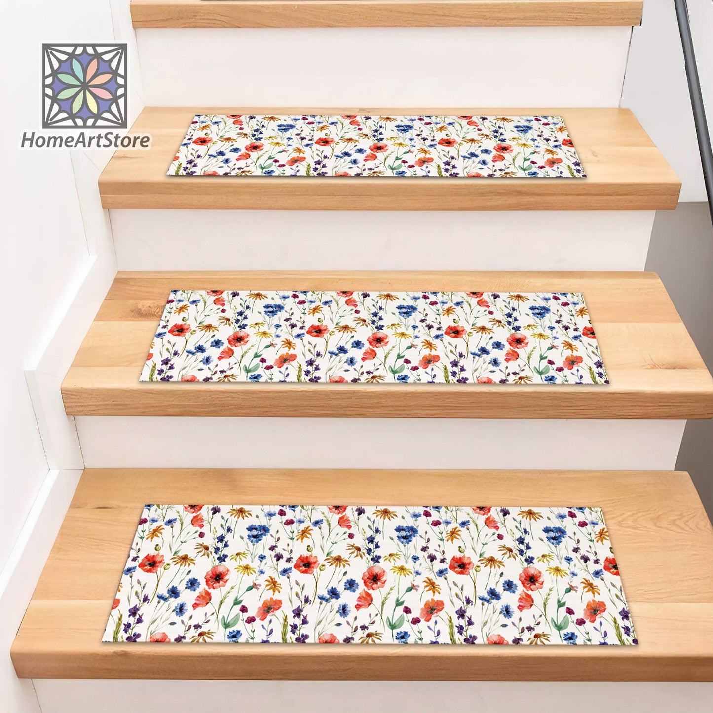 Wildflowers Pattern Stair Rugs, Boho Stair Tread Carpet, Non-Slip Backing Mat, Machine Washable Floral Step Rugs, Flower Pattern Stair Step Mat