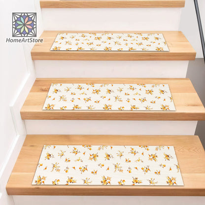 Yellow Rose Patterned Stair Rugs, Floral Stair Tread Mats, Boho Step Carpet, Machine Washable Stair Rug