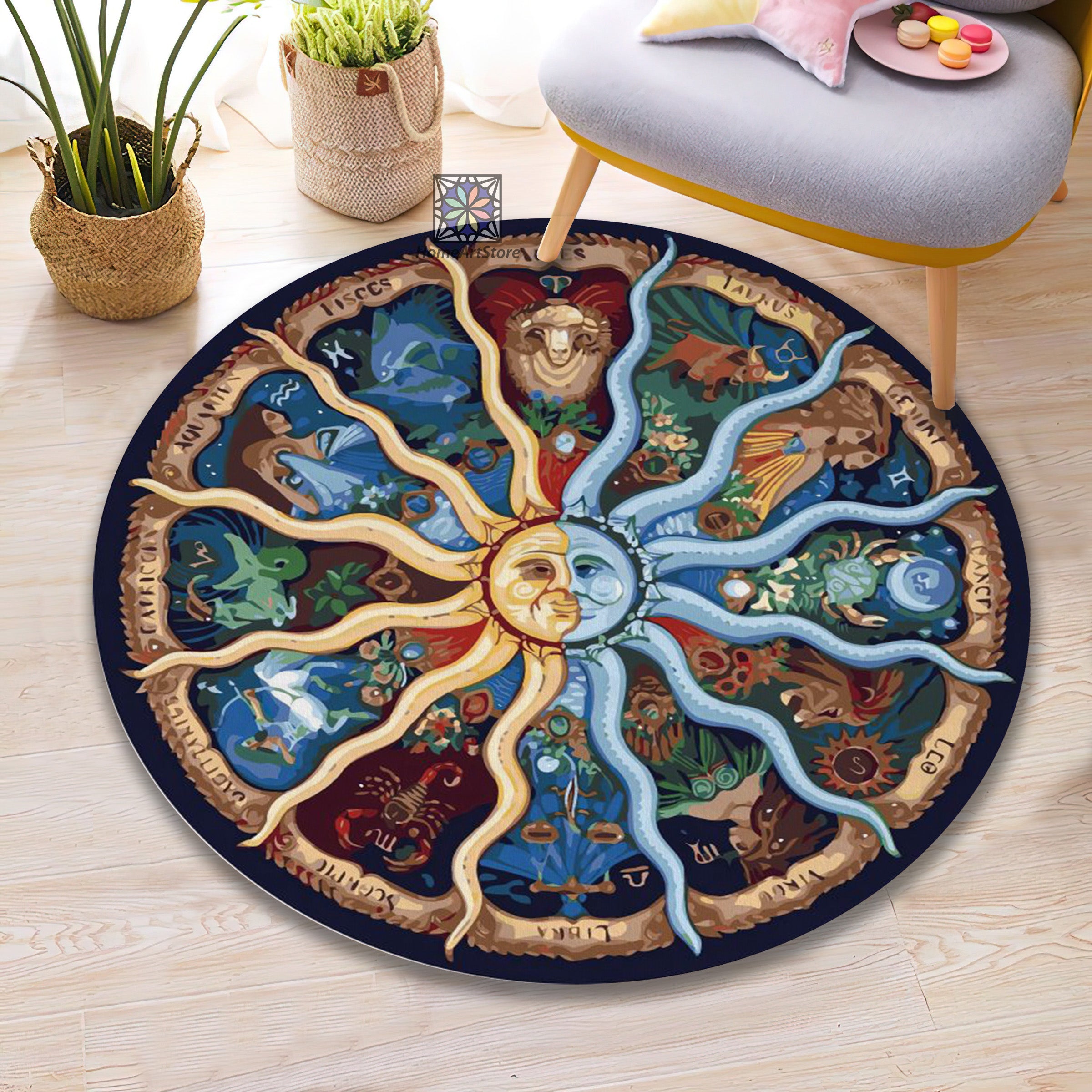 Zodiac Sign Rug Signs of the Zodiacs Printed Rug, Vintage Moon Carpet, Astronomy Mat ...