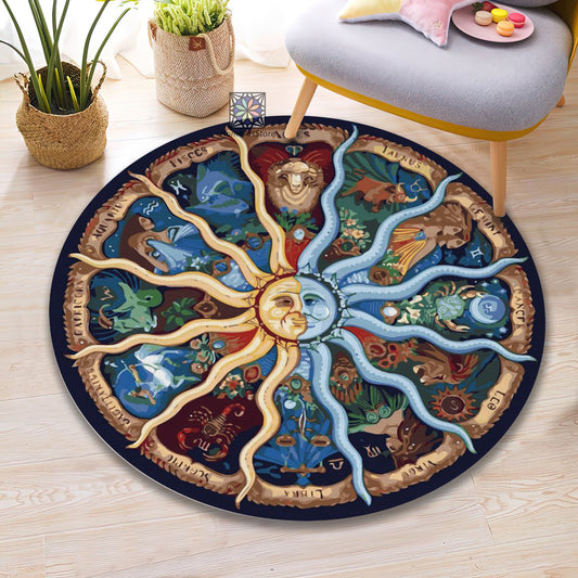 Signs of the Zodiacs Printed Rug, Vintage Moon Carpet, Astronomy Mat, Sun Tarot Decor, Yoga Mat