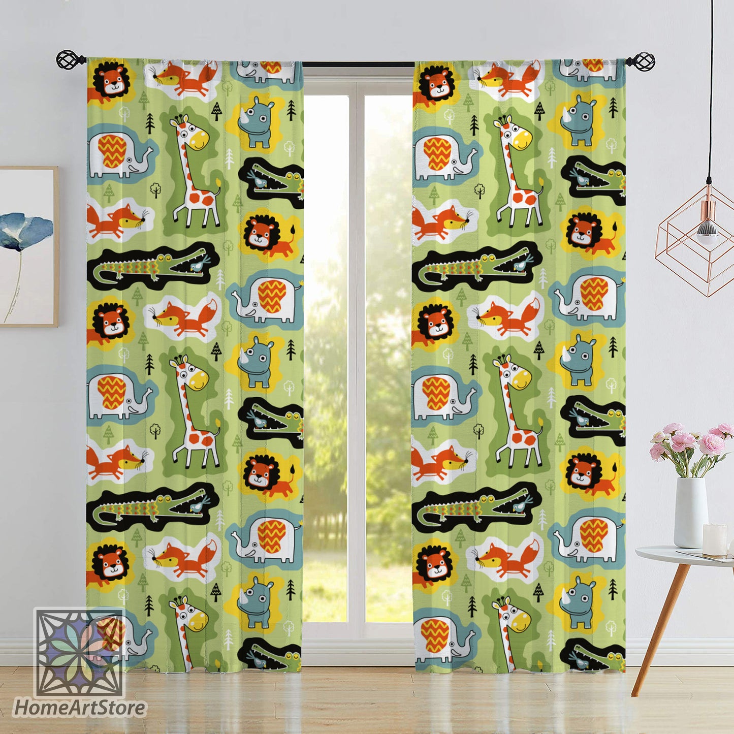 Zoo Safari Animal Pattern Curtain, Green Color Children Room Curtain, Baby Shower Curtain, Baby Room Curtain, Baby Gift