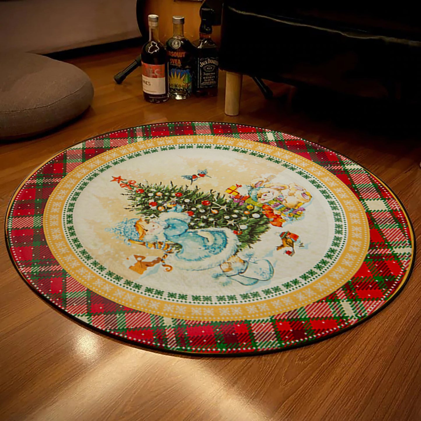 Christmas Tree Themed Rug, Red Christmas Round Mat, Retro Style Merry Christmas Carpet, New Year Gift
